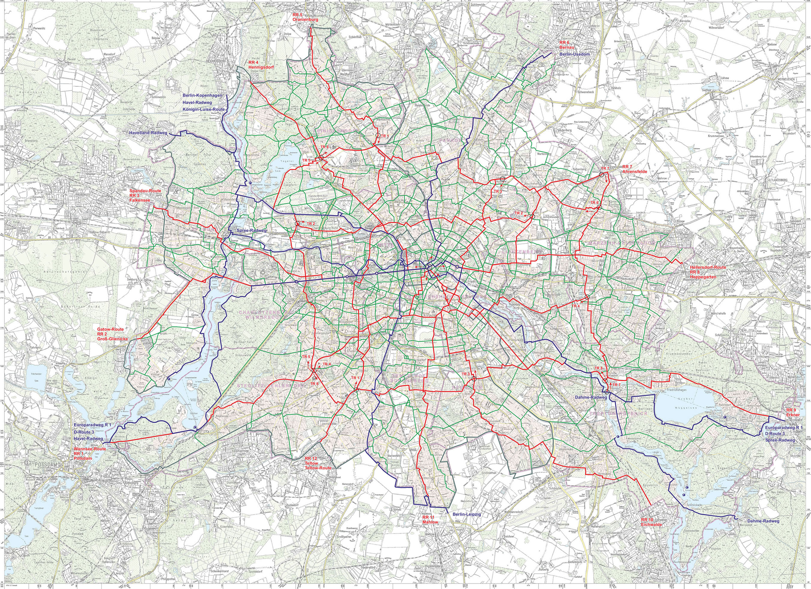 Karte und plan die radwege und stationen von Berlin