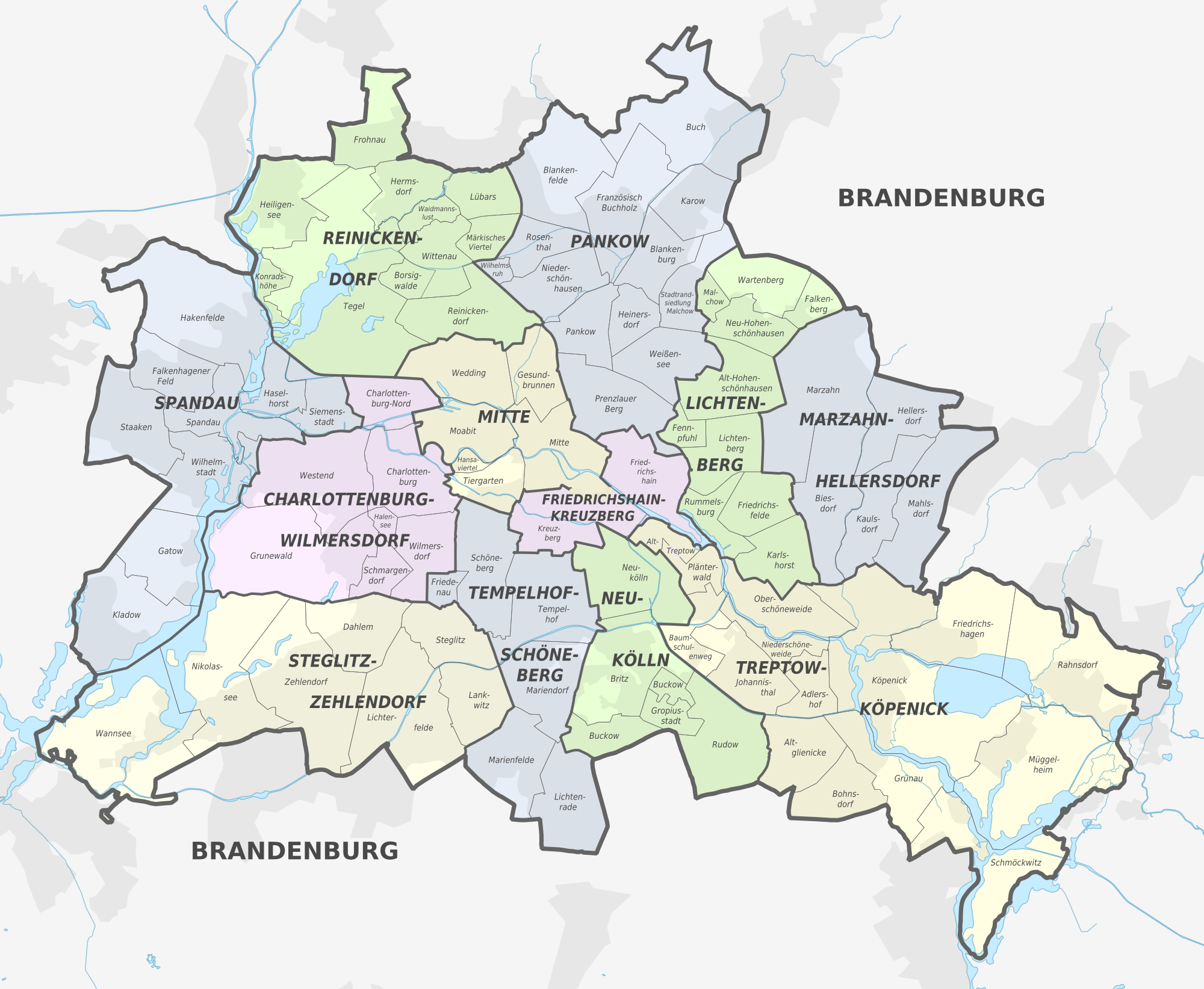 Karte und plan die 12 bezirke und stadtteile von Berlin